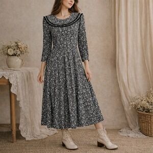 Vintage 90s Nancy Johnson Black White Floral Prairie Dress Sailor Collar Size 6